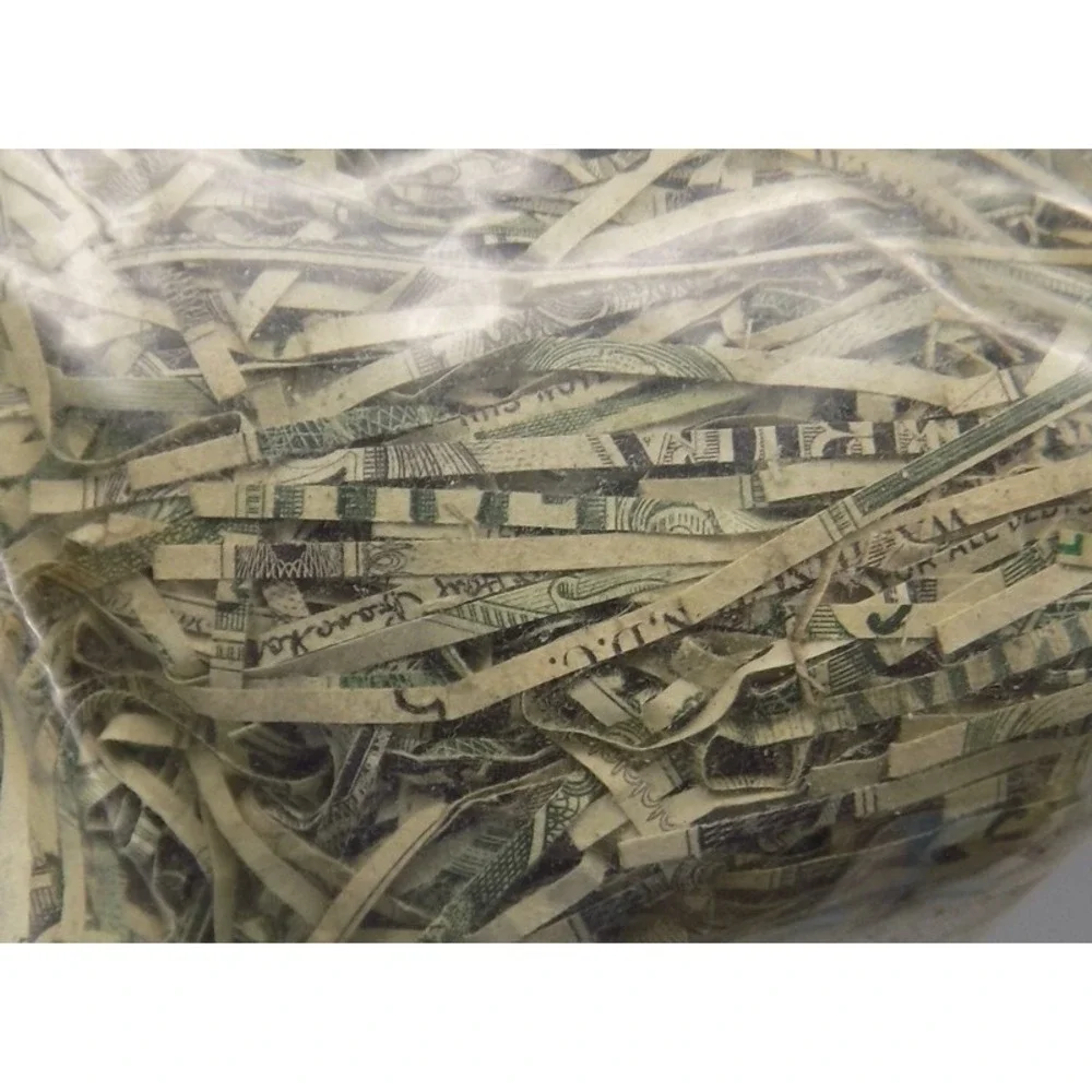 Shredded U. S. Currency Plastic Doll From Dollar Bills Destroyed Cash Patch